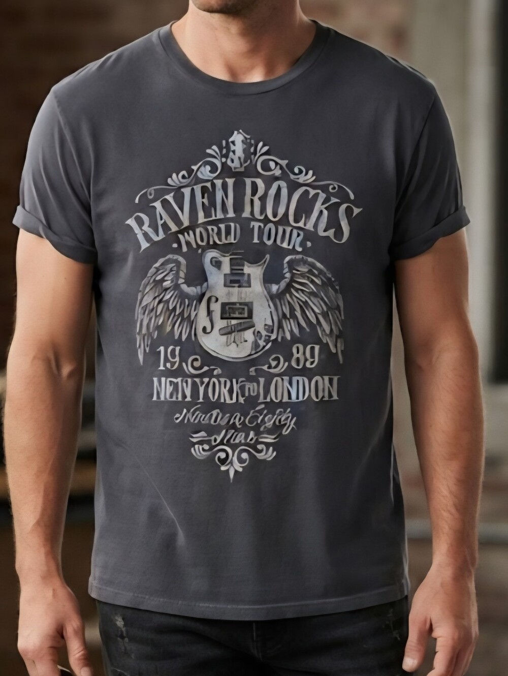 Sonoma Men's Raven Rocks Graphic T-Shirt Gray 100% Cotton Guitar Wings XL NWT